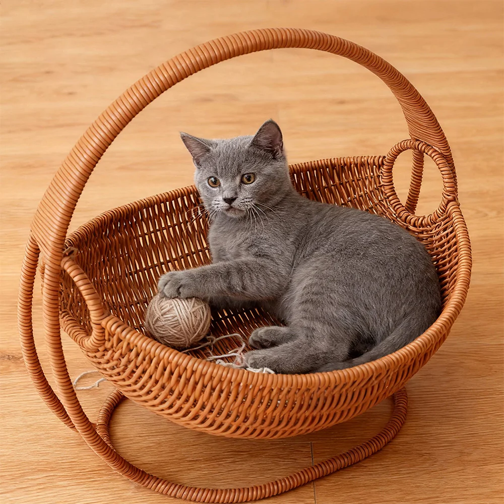 Swing Basket Cat Cradle Bed - Woven-Style Hanging Cat Lounger - Image 5