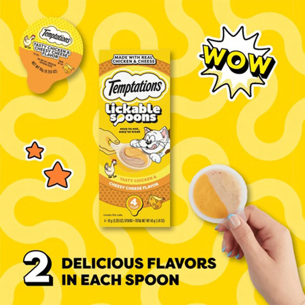TEMPTATIONS Creamy Spoons Tasty Chicken & Cheesy Cheese Cat Treats 10g x 4 - Image 2