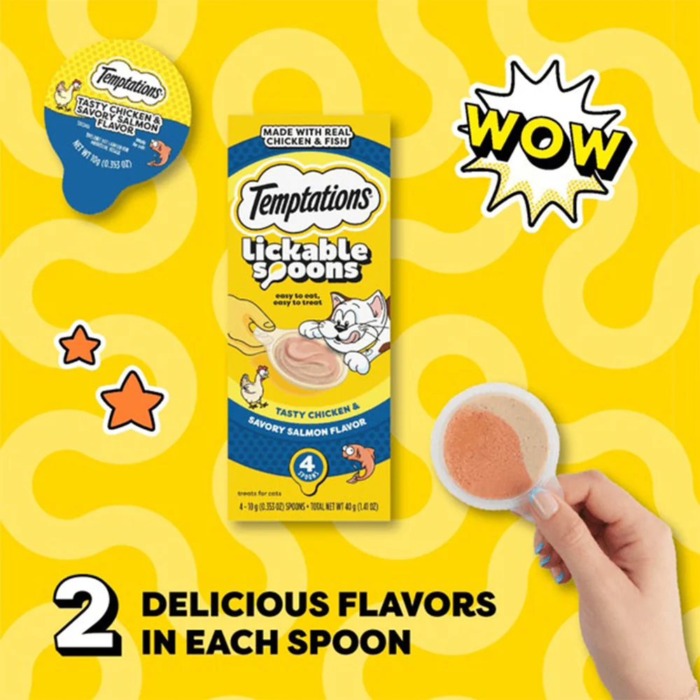 TEMPTATIONS Creamy Spoons Tasty Chicken & Savory Salmon Cat Treats 10g x 4 - Image 2