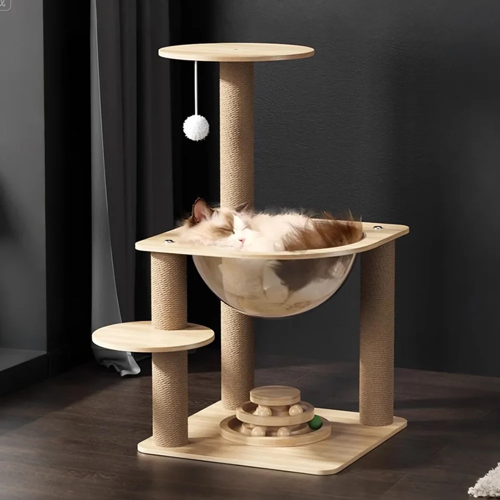 Wooden Cat Tree with Sisal Scratching Posts & Acrylic Space Pod - Image 3
