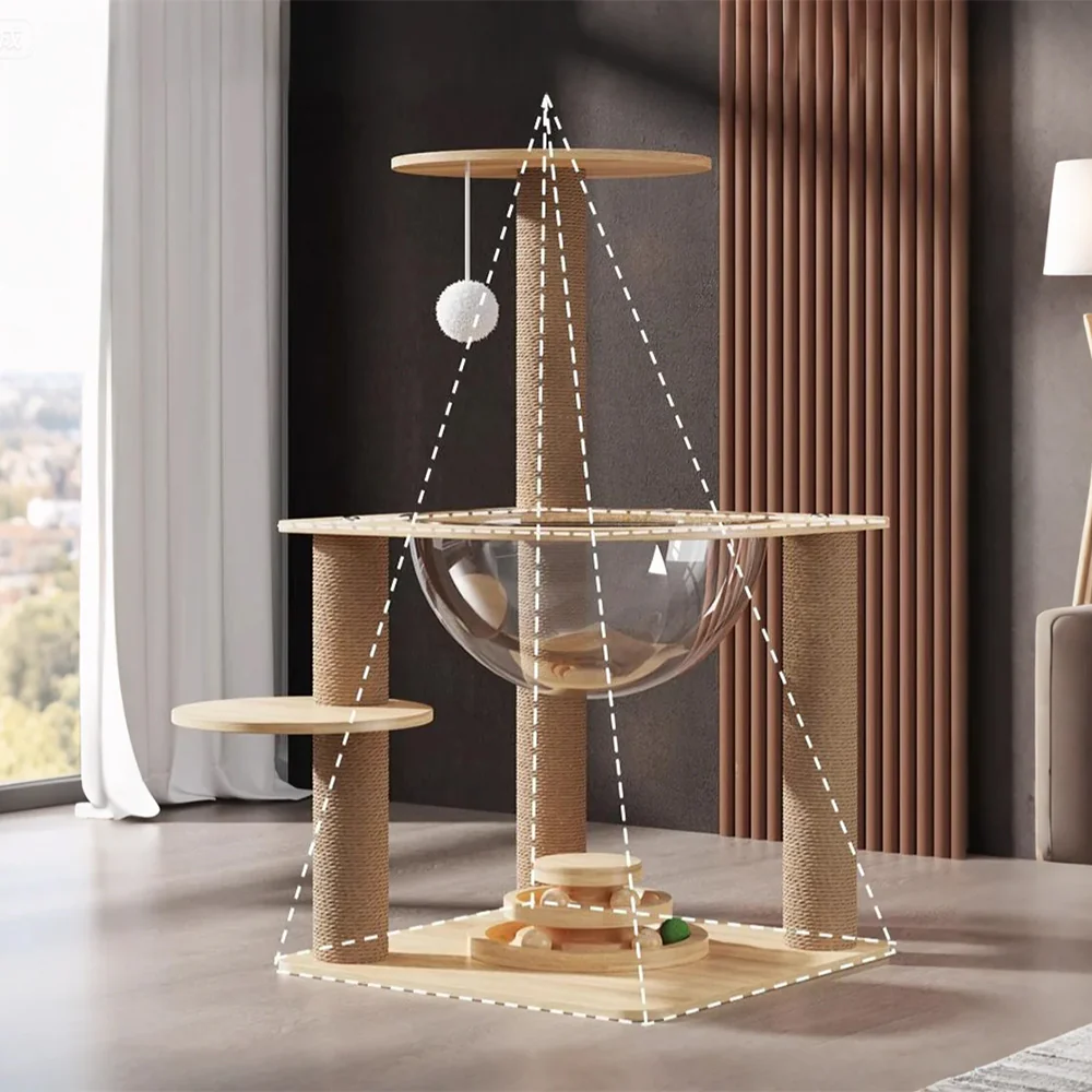 Wooden Cat Tree with Sisal Scratching Posts & Acrylic Space Pod - Image 6