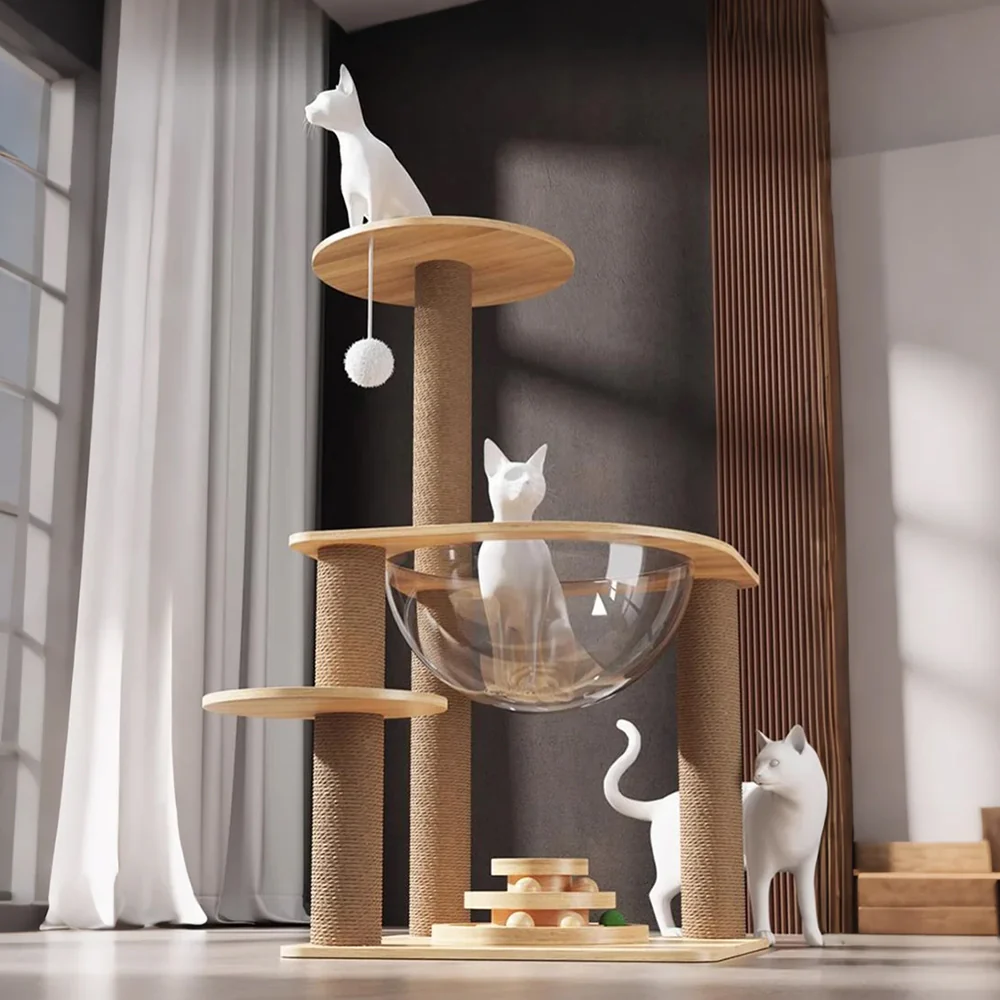 Wooden Cat Tree with Sisal Scratching Posts & Acrylic Space Pod - Image 7