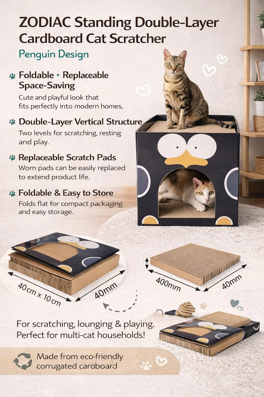 ZODIAC Square black penguin-shaped Cat Scratcher 40x40x40cm - Image 7